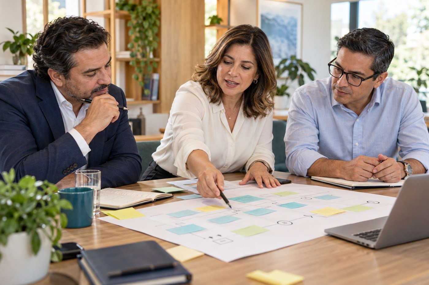 Escena ilustrativa de un equipo estructurando un servicio o proyecto