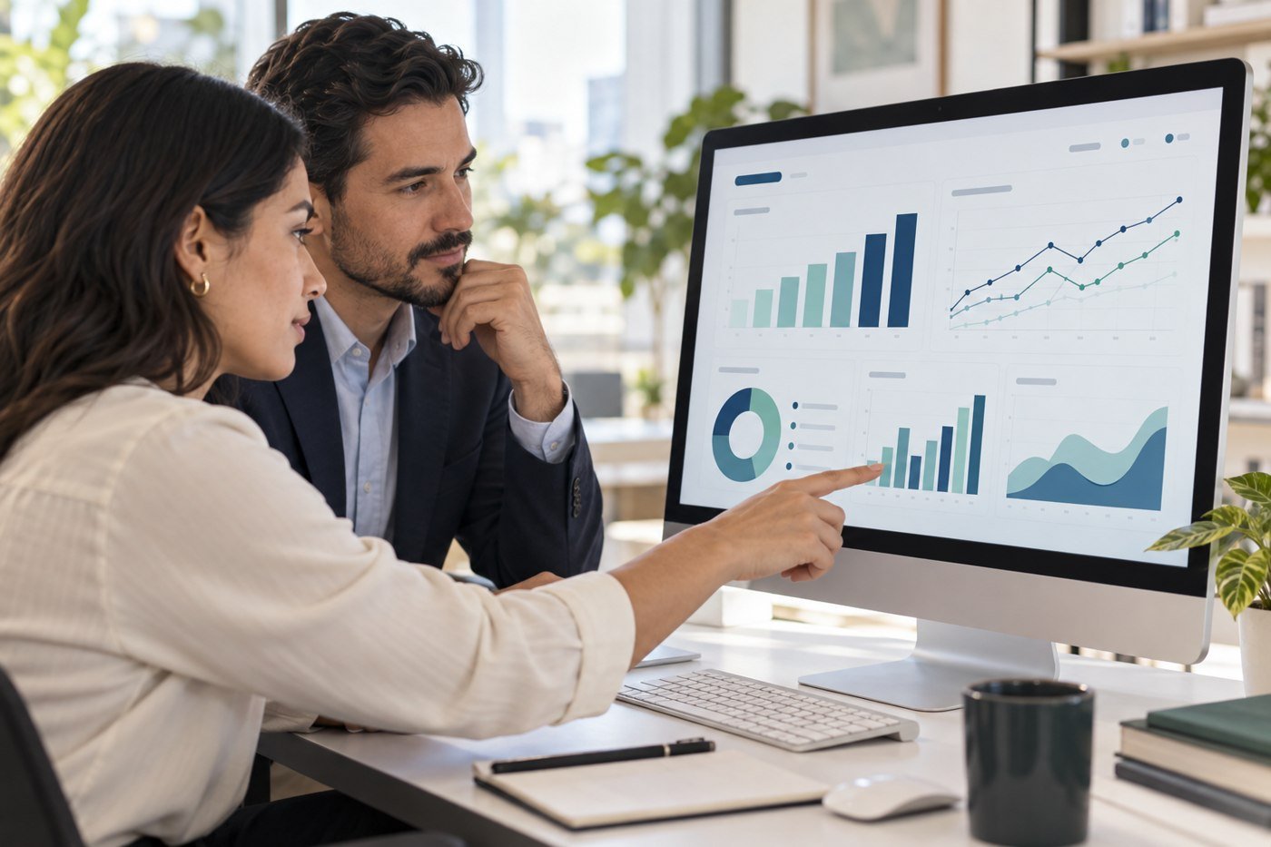 Escena ilustrativa de analítica; el tablero no representa un producto ni resultados de clientes